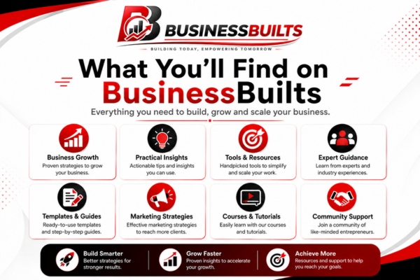 Promotional graphic highlights services for business growth, practical insights, tools, expert guidance, templates, marketing strategies, courses, and community support.