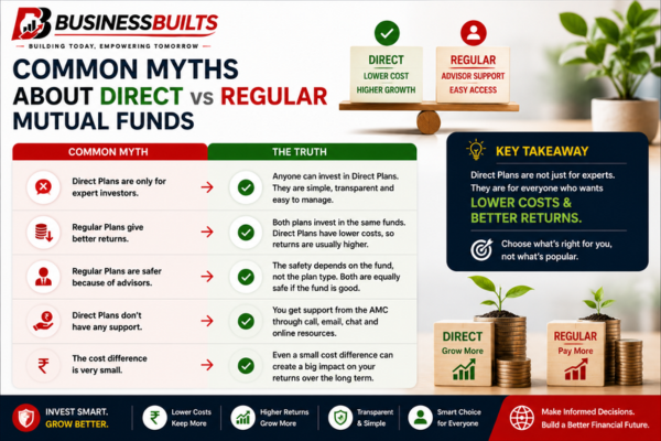 Infographic debunking common myths about Direct vs Regular Mutual Funds, explaining the truth about costs, returns, safety, advisor support, and investor suitability.