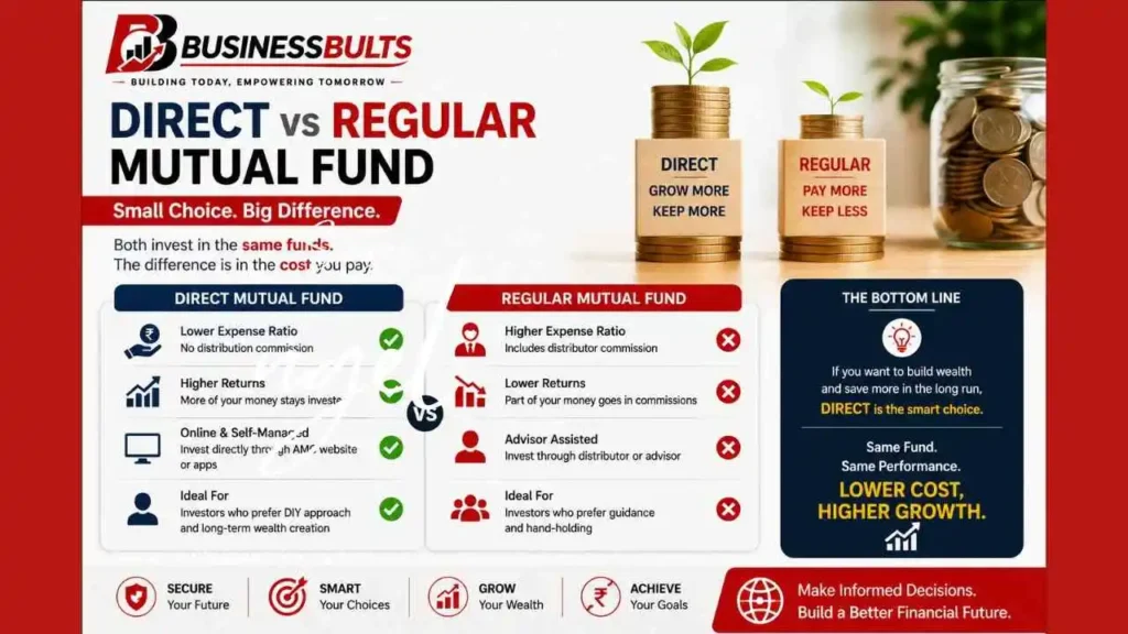 Business Builts infographic comparing Direct and Regular Mutual Funds. Direct plans offer lower costs and higher potential returns, while Regular plans include advisor fees. Highlights the key benefit: 'Lower Cost, Higher Growth' with Direct Mutual Funds.