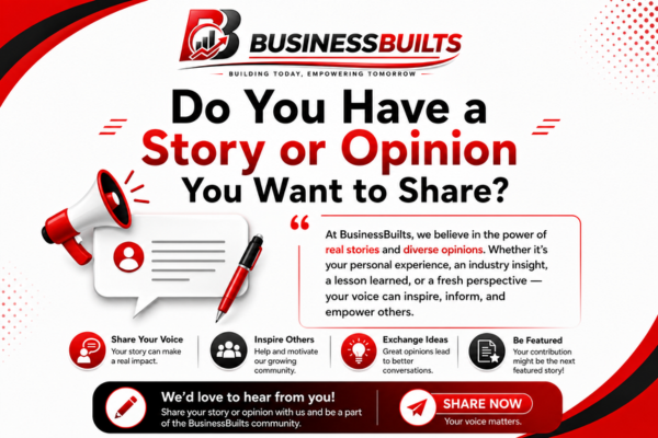 Infographic inviting readers to share their stories, opinions, and experiences with a business community through guest contributions and expert insights.