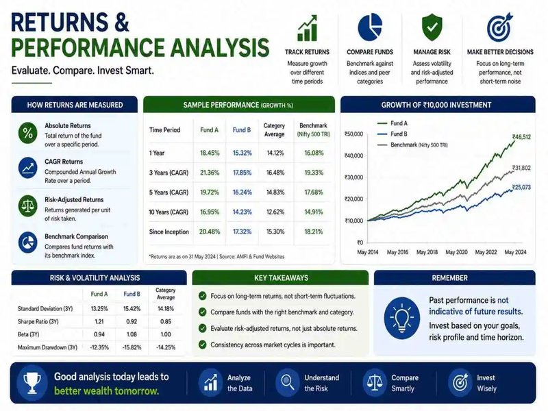 Infographic detailing returns and performance analysis with charts, metrics, and key takeaways for investment evaluation.
