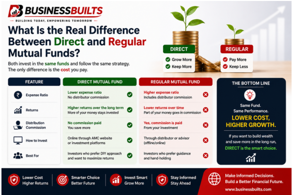 Infographic comparing Direct vs Regular Mutual Funds, highlighting expense ratio, returns, commission, investment process, and why direct mutual funds can offer lower costs and higher long-term growth.