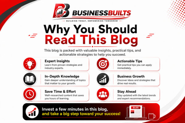 Infographic explaining the benefits of reading a business blog with expert insights, practical tips, business growth strategies, and financial knowledge.