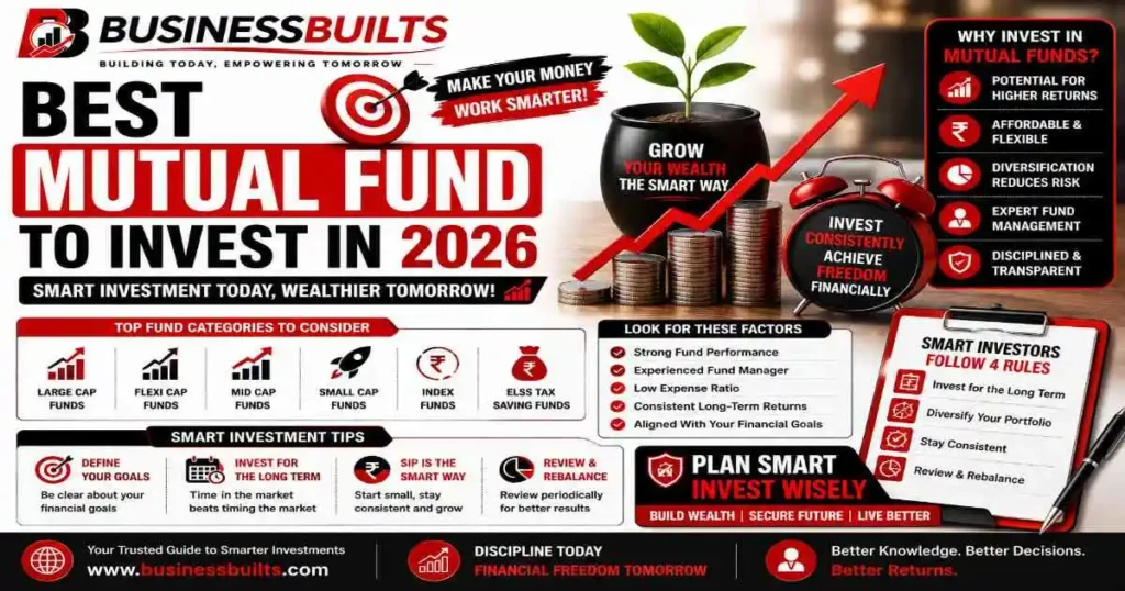 Best Mutual Fund to Invest in 2026 guide by BusinessBuilts featuring mutual fund categories, investment factors, SIP tips, and wealth-building strategies