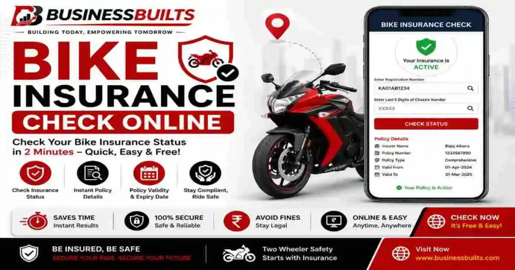 Bike insurance check online using a vehicle registration number showing policy status, validity, insurer details, and insurance verification on a smartphone.