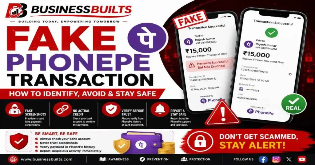 Fake PhonePe Transaction – BusinessBuilts guide explaining how to identify fake payment screenshots, verify successful transactions, and protect yourself from UPI payment scams.