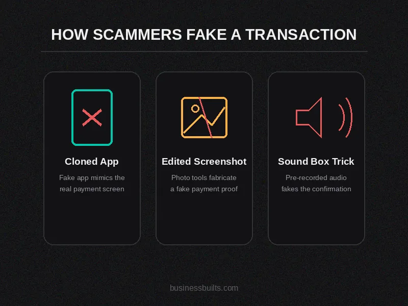 Fake phonepe transaction scam methods showing cloned app, edited screenshot and sound box trick