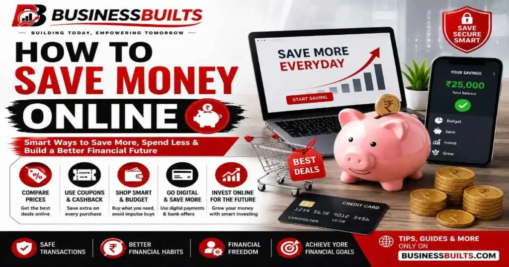 How to Save Money Online – BusinessBuilts infographic featuring smart online saving tips, digital payments, cashback offers, budgeting, and investment strategies.