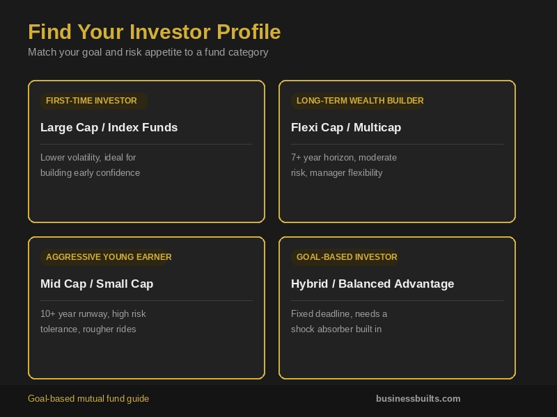 Investor profile framework showing large cap, flexi cap, mid cap and hybrid fund categories matched to risk appetite