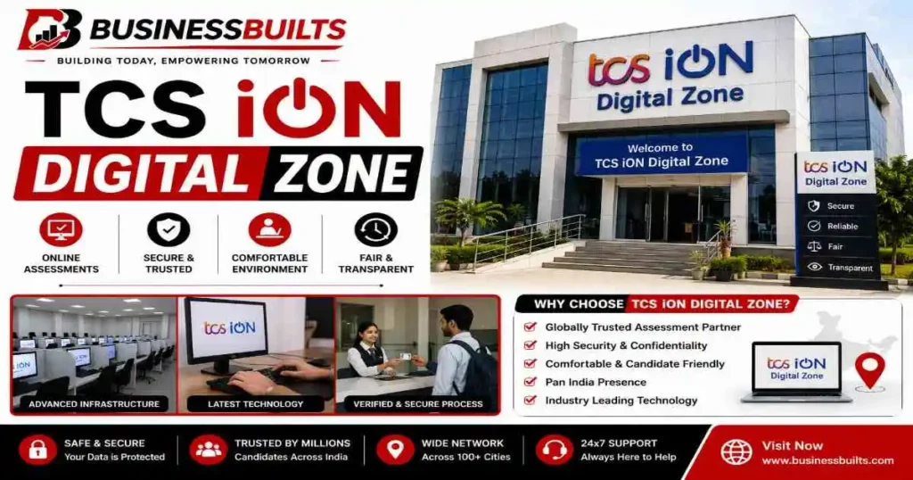 TCS iON Digital Zone exam center building with BusinessBuilts branding showcasing online assessment infrastructure and secure digital examination facilities.