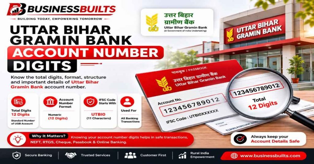 BusinessBuilts Infographic detailing the account number structure for Uttar Bihar Gramin Bank, including total digits and IFSC code information.