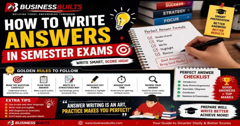 How to Write Answers in Semester Exams – BusinessBuilts guide featuring answer writing tips, exam strategy, presentation techniques, and scoring methods for better marks.