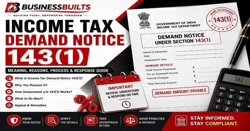 Income Tax Demand Notice 143(1) – BusinessBuilts guide explaining the notice, reasons for receiving it, verification process, and response steps.