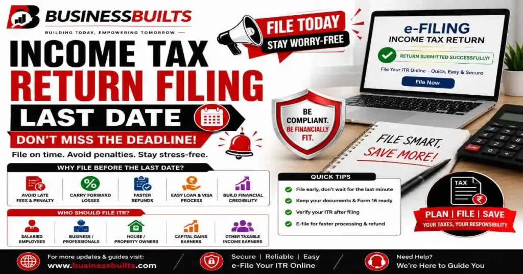 Income Tax Return Filing Last Date guide by BusinessBuilts with online ITR filing, deadline reminder, tax compliance, and filing tips