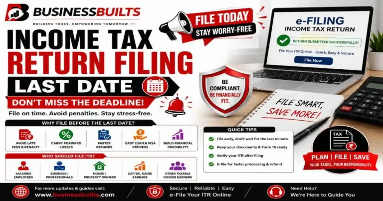 Income Tax Return Filing Last Date guide by BusinessBuilts with online ITR filing, deadline reminder, tax compliance, and filing tips