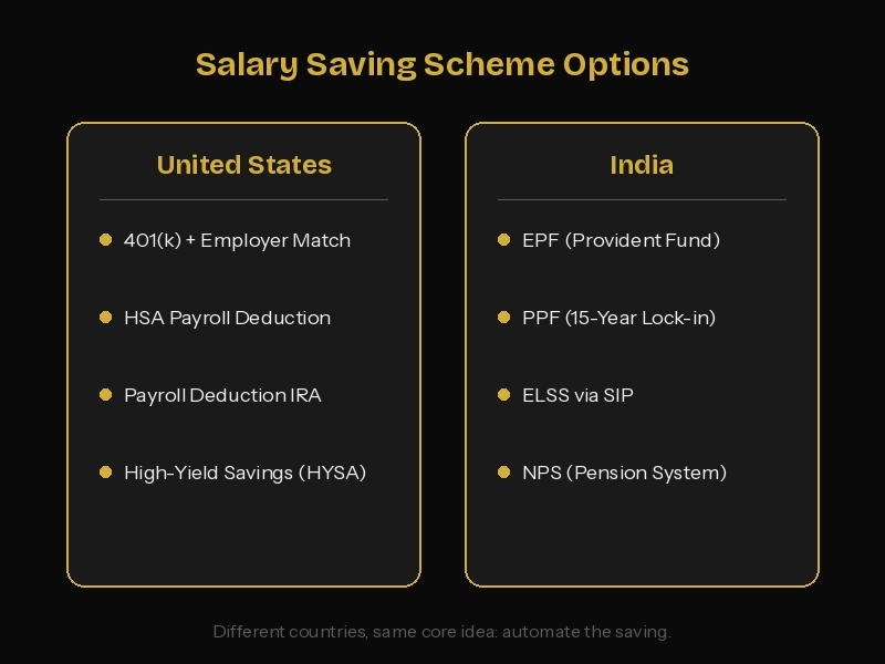 salary saving scheme options comparison US and India