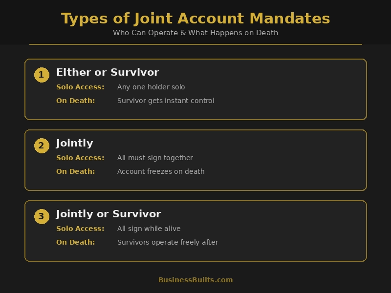 What is a joint account operation mandate, comparison of either or survivor, jointly, and jointly or survivor rules