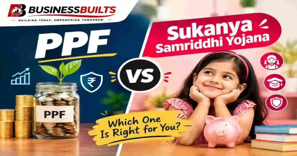 PPF vs Sukanya Samriddhi Yojana comparison by BusinessBuilts showing savings, investment, education, and financial security.