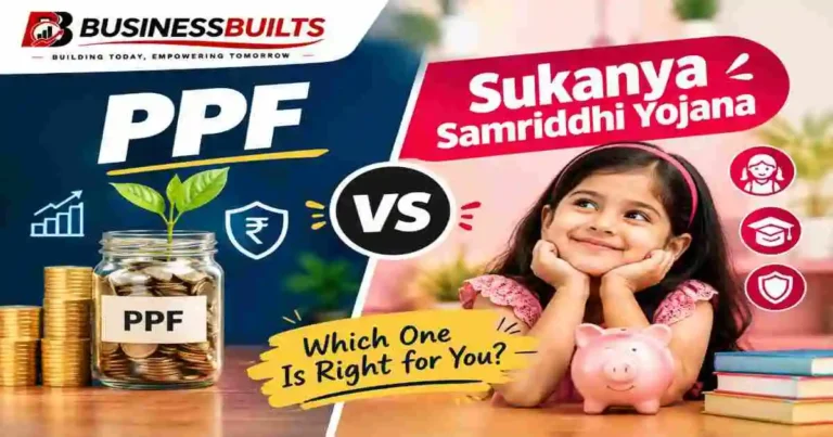 PPF vs Sukanya Samriddhi Yojana comparison by BusinessBuilts showing savings, investment, education, and financial security.
