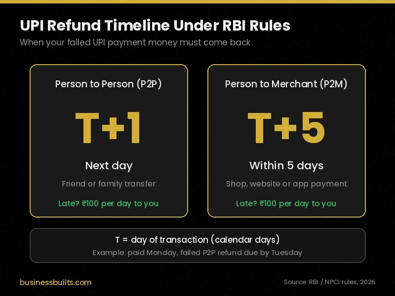 UPI payment failed money debited refund timeline T+1 for P2P and T+5 for merchant payments under RBI rules