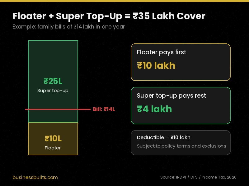 Family floater vs individual health insurance with super top-up example of 10 lakh floater and 25 lakh top-up