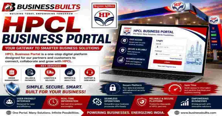 HPCL Business Portal – BusinessBuilts guide featuring the HPCL Business Portal login, business services, order management, billing, reports, and secure digital platform.